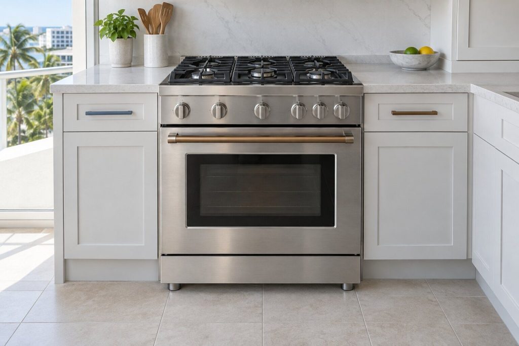 A stainless freestanding range with cast-iron grates over gas burners above and a closed electric oven below, in a bright kitchen with white cabinets.