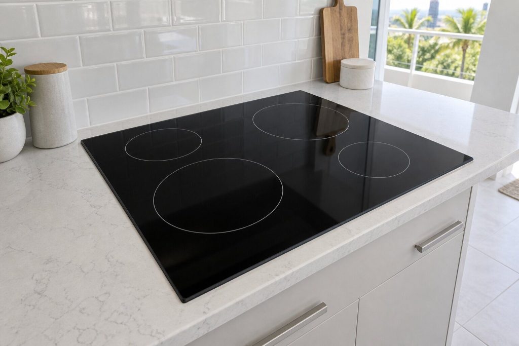A four-zone black ceramic radiant cooktop set flush into a pale quartz counter, zone outlines visible on the cold glass, bright kitchen daylight.