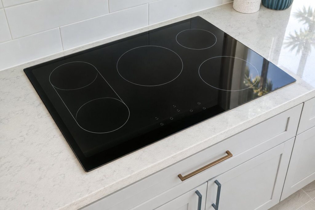 A five-zone black ceramic radiant cooktop in a light counter run seen at an angle, one bridge zone across the left pair, no pans on it.