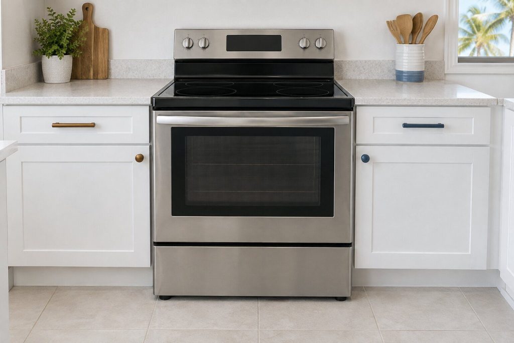 A stainless freestanding electric range with a smooth black ceramic top, oven door closed, slotted between white builder cabinets in a bright kitchen.