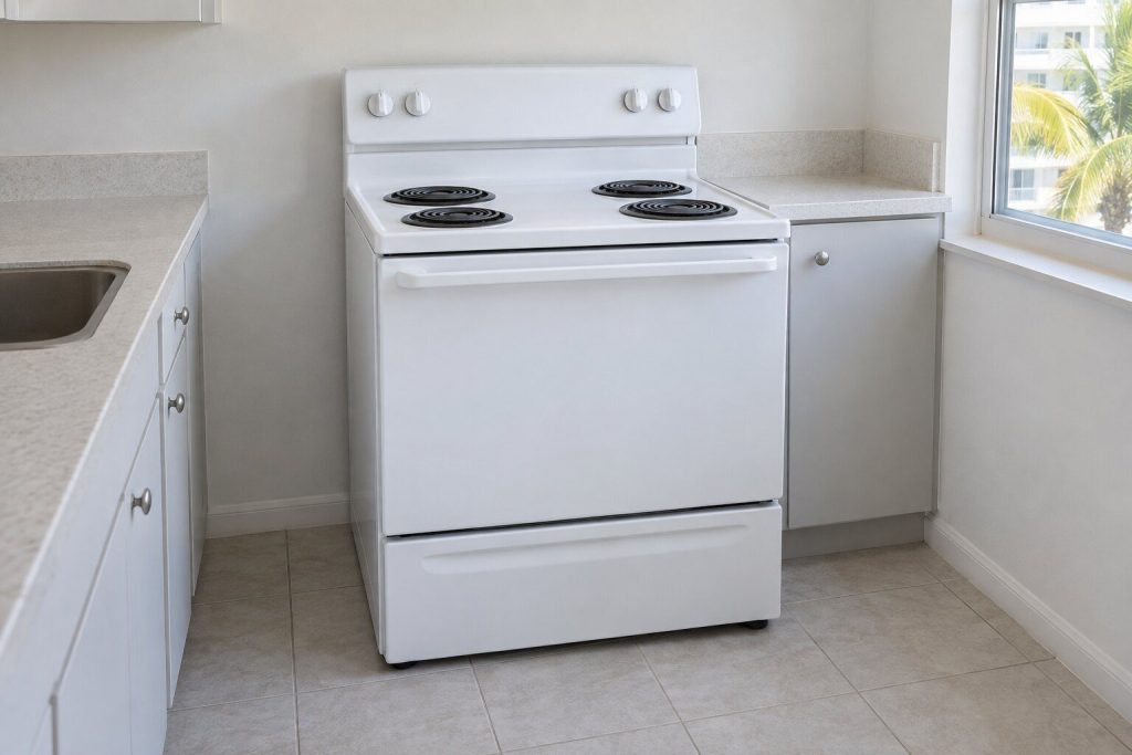 A white freestanding electric range with a coil top and a raised backguard, standing against a pale wall in a bright rental kitchen.