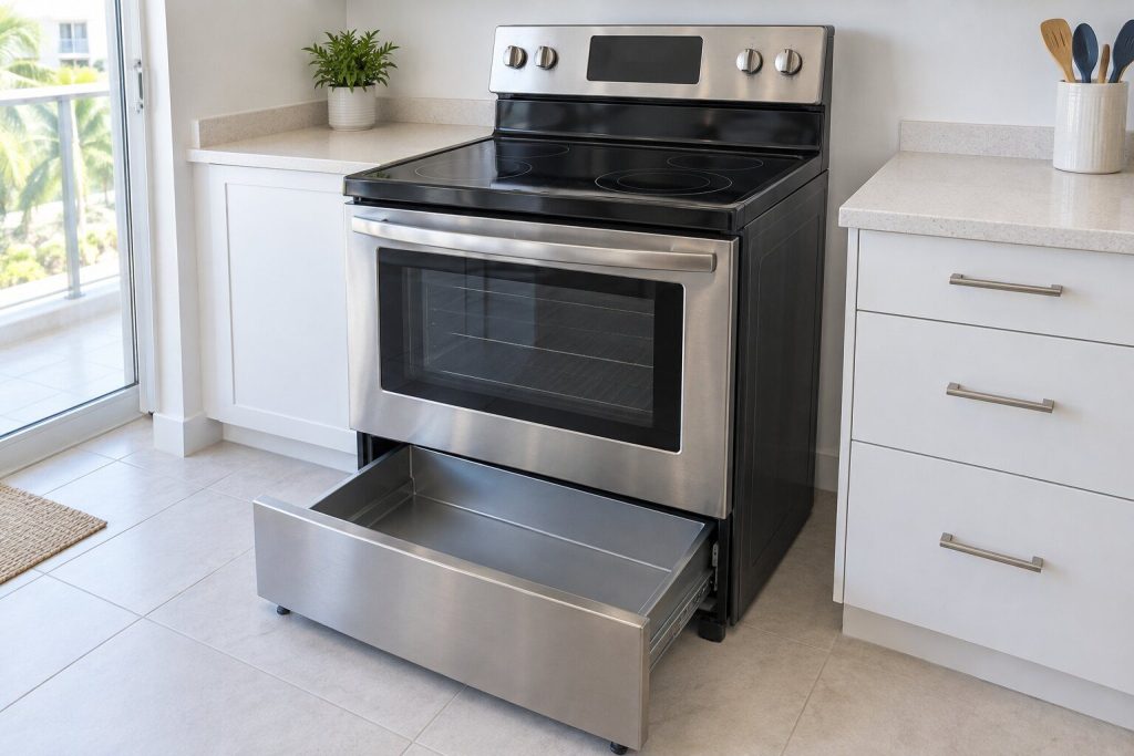 A stainless freestanding electric range with the storage drawer at its base pulled fully out and empty, bright kitchen daylight.