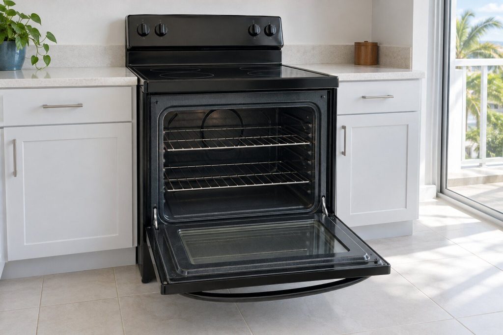 A black freestanding electric range with its oven door open onto two empty racks, bright daylight across a light tile floor.
