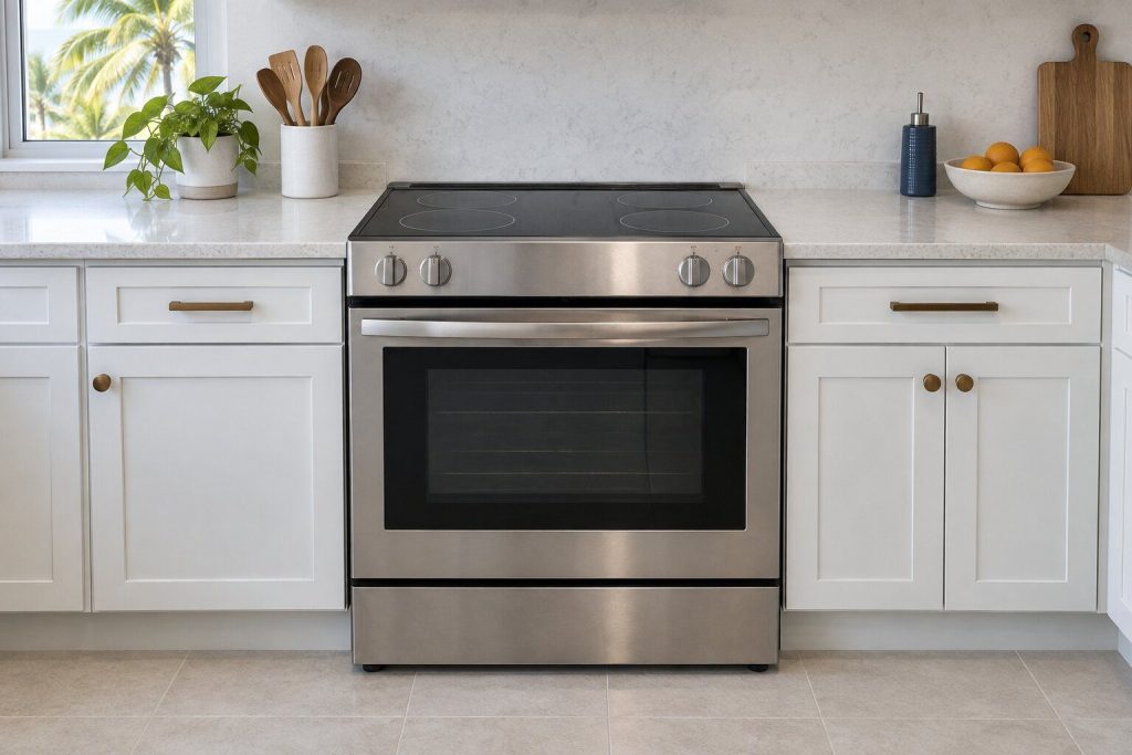 A stainless slide-in electric range with a ceramic top sitting flush between light quartz counters, seen straight on.