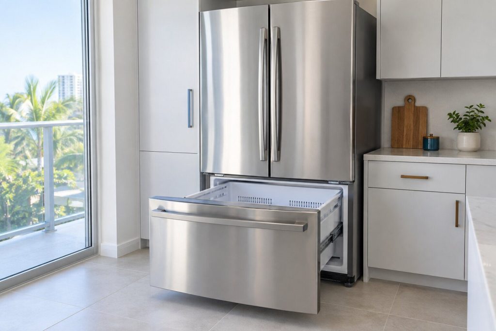 In stainless, both upper doors closed and the lower freezer drawer pulled fully out and empty, in a bright white kitchen.