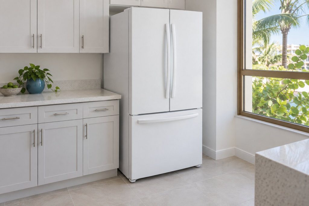 In white, all doors closed, standing flush at the end of a light quartz counter run with a window and palms beyond.