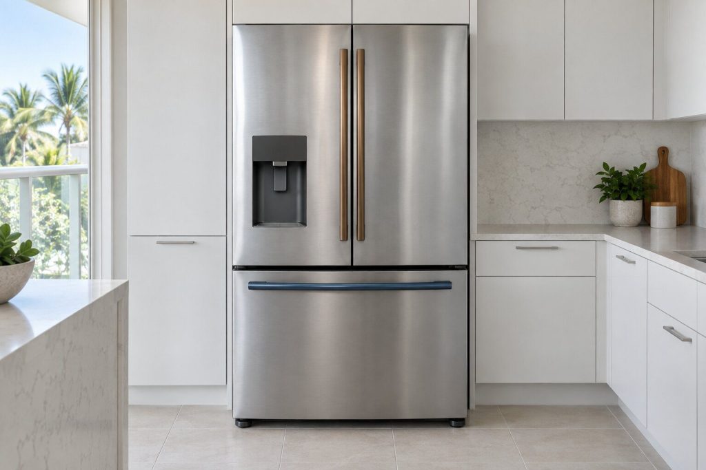 In stainless with a flat water and ice panel on the left door, doors closed, in a pale gray-and-white kitchen.