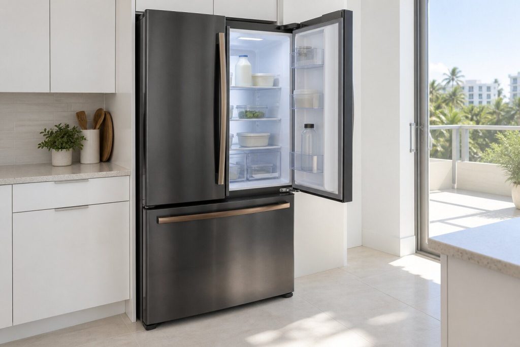 In black stainless, one upper door open onto lit shelves of plain containers, bright daylight across a light tile floor.