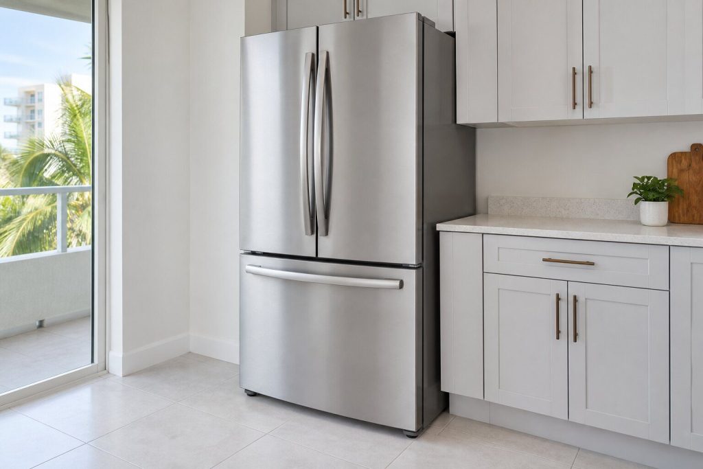 In stainless, seen at a slight angle from the side to show its depth against a shallow builder cabinet run.