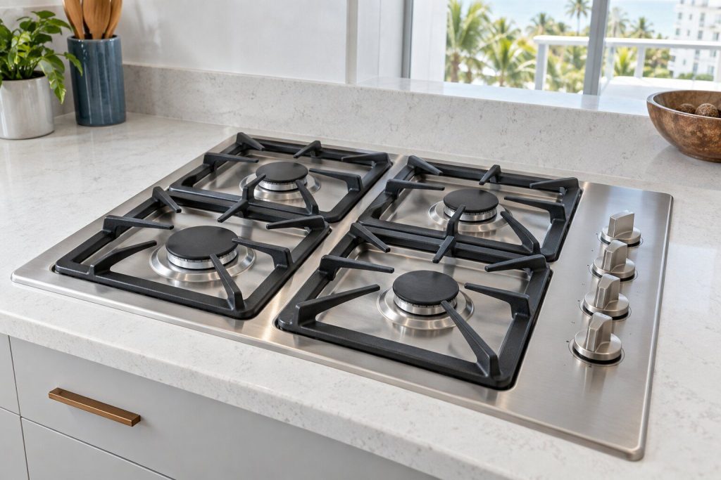 A stainless gas cooktop with four sealed burners under separate cast-iron grates, set into a light quartz counter, bright daylight.