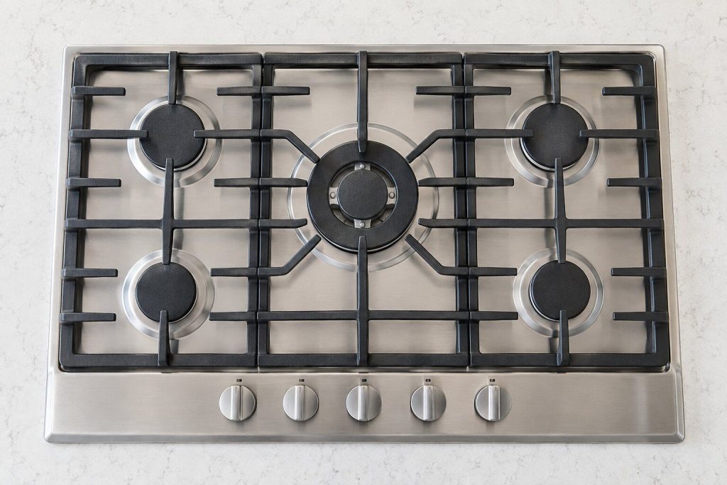 A stainless gas cooktop with five burners and continuous cast-iron grates, seen straight down from above on a pale counter.