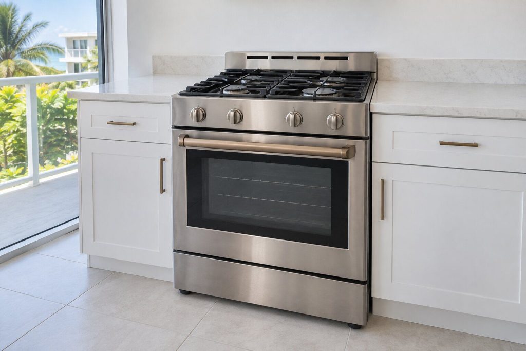 A stainless freestanding gas range with heavy cast-iron grates over four sealed burners, oven door closed, between white cabinets in bright daylight.