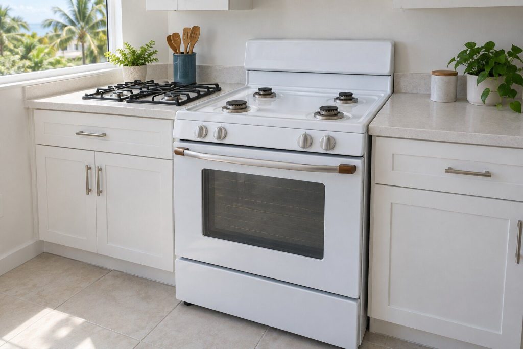 A white freestanding gas range with its grates lifted off and set on the counter beside it, showing the burner heads and caps.