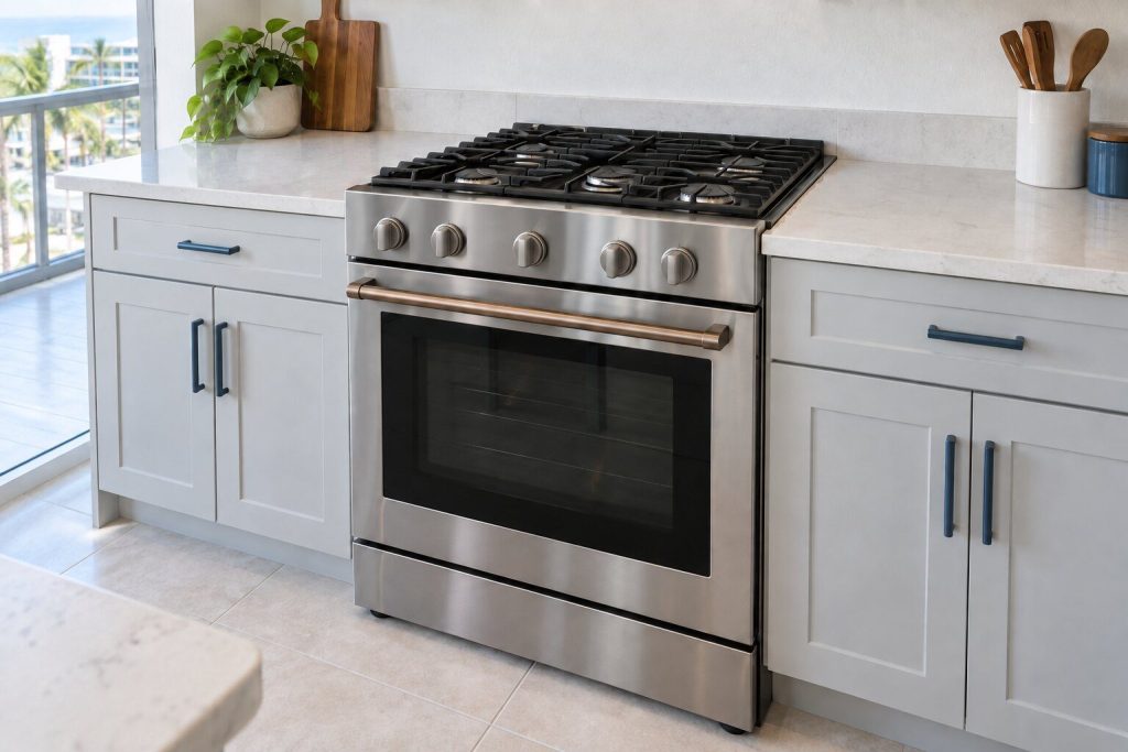 A stainless slide-in gas range with five sealed burners under continuous grates, set flush into a light quartz counter run.