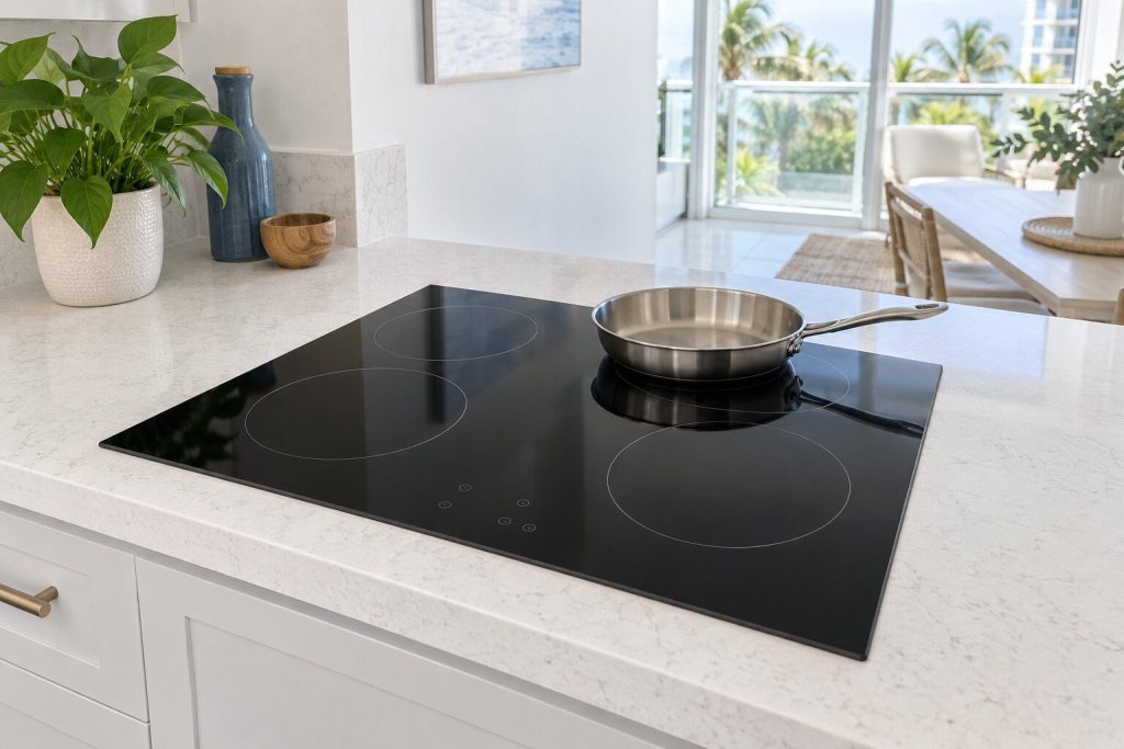 A four-zone black glass induction cooktop set flush into a pale quartz counter, the zone rings faintly visible, one stainless pan on the rear zone.