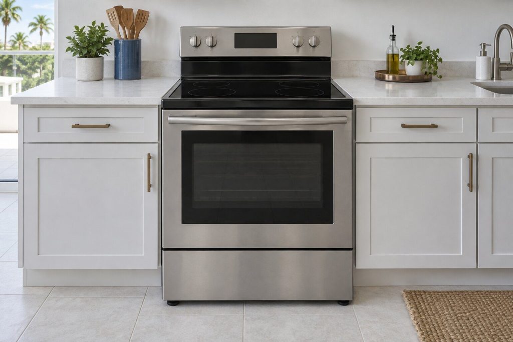 A stainless freestanding induction range with a plain black glass top and four zone outlines, oven door closed, in a bright white kitchen.