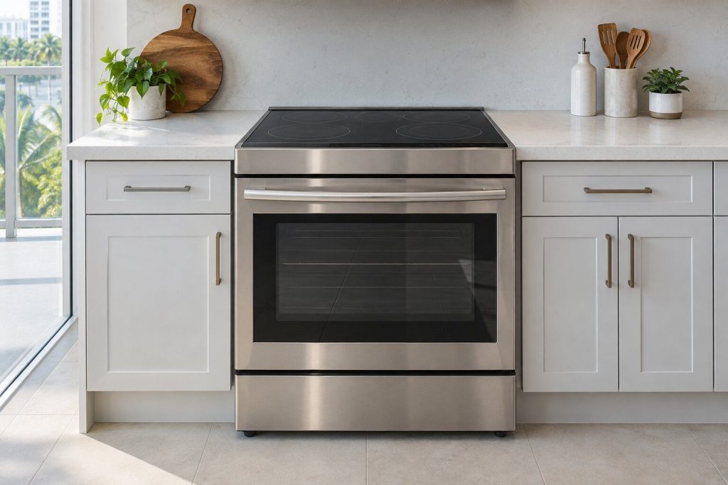 A stainless slide-in induction range with its black glass top clear of pans, set flush into pale quartz, seen straight on in bright daylight.