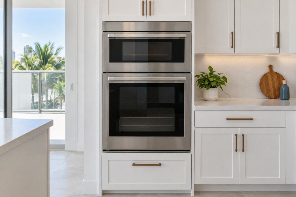 A tall stainless built-in cabinet holding two stacked cavities of different heights behind plain glass doors, both closed, in a bright white kitchen.