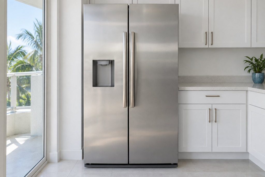 In stainless, both tall doors closed, a flat dispenser recess in the left door, standing in a bright white kitchen.