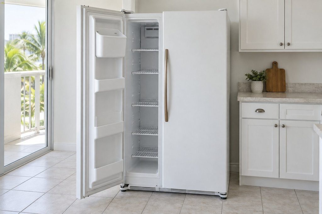 In white, the freezer side open showing narrow wire shelves and an ice bin on the door, pale tile floor.