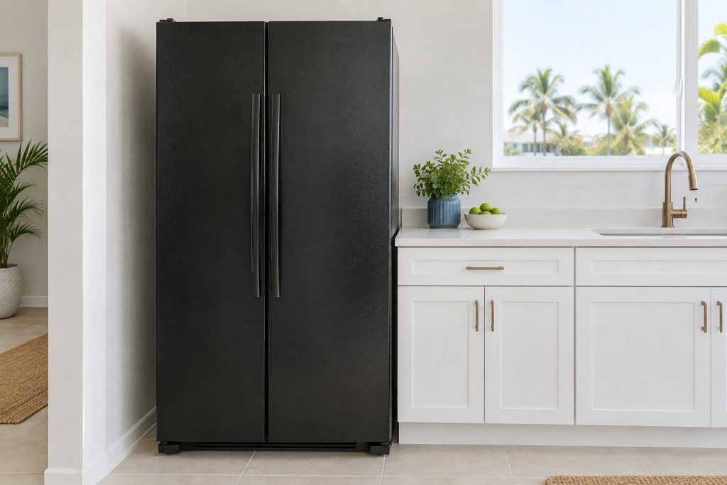 In black, both doors closed, standing against a pale wall beside a light counter with a window onto bright sky.