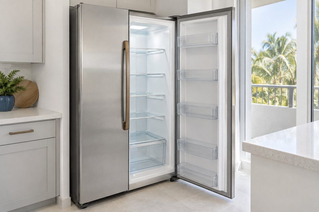 In stainless, the fresh-food side open onto lit glass shelves, a light quartz counter to one side.