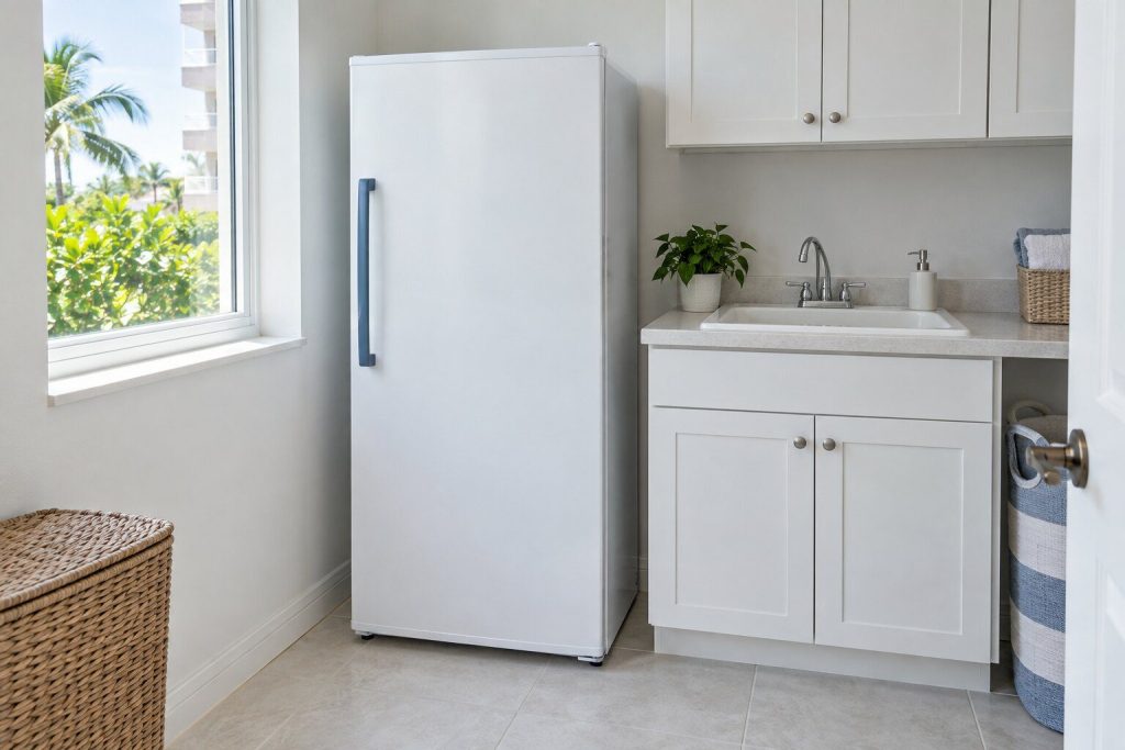 A narrow white single-door freezer standing in a bright utility room beside a laundry sink, door closed, pale tile floor.