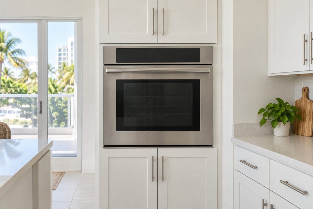 A single stainless wall oven set into a tall white cabinet at chest height, door closed, its glass dark, bright kitchen daylight.
