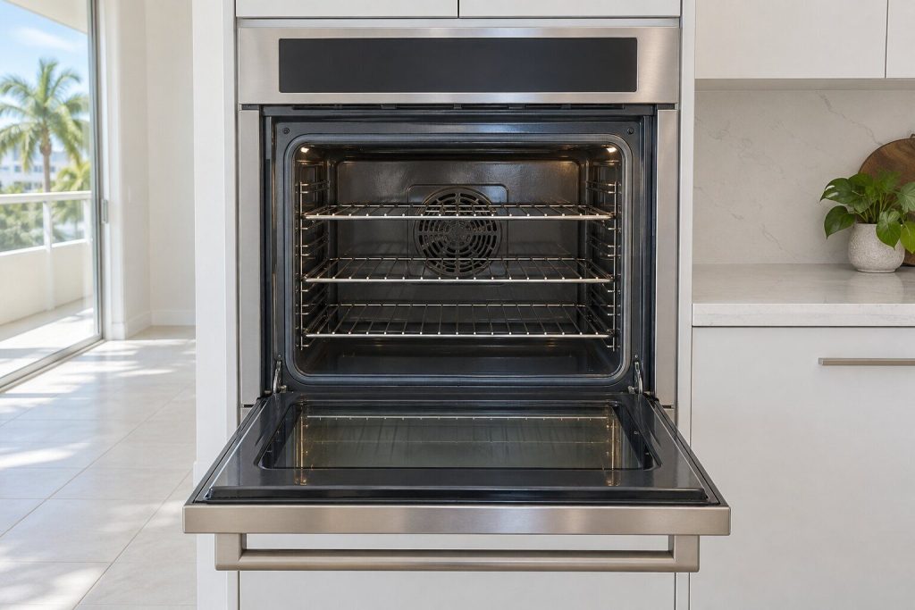 A single stainless wall oven with its door dropped fully open onto three empty racks, seen from the front in a light kitchen.
