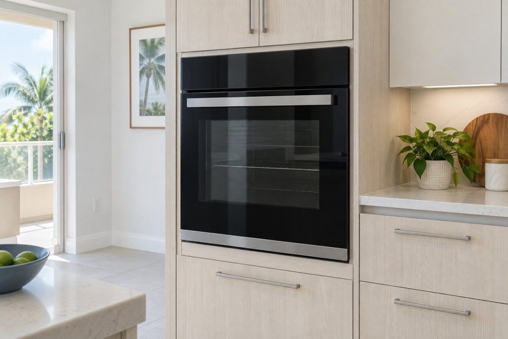 A single black-glass wall oven set into a pale wood cabinet run, door closed, seen at a slight angle in bright daylight.