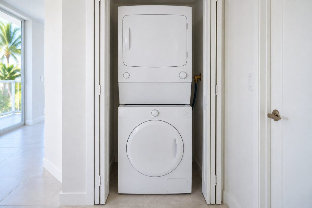 A white stacked laundry center — a washer below and a dryer above in one tall cabinet — standing in a narrow closet with bifold doors folded back, bright hallway daylight.