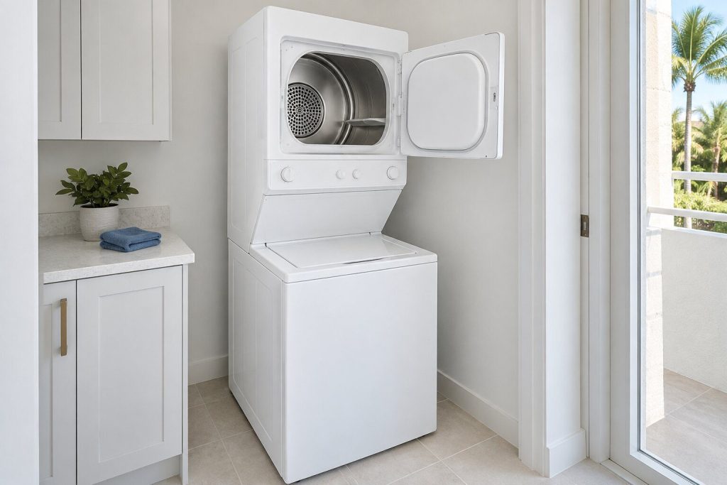 A stacked laundry center in white with the upper dryer door swung open onto an empty drum, the lower washer lid closed, bright utility room.
