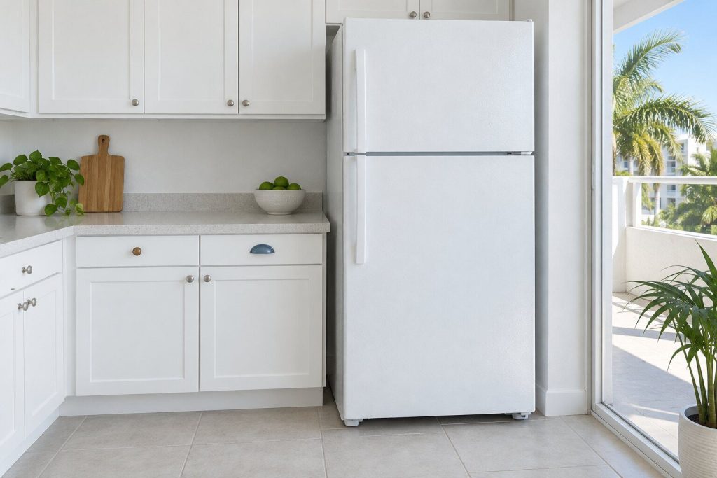 In white, doors closed, standing at the end of a run of plain white builder cabinets in a bright condominium kitchen.