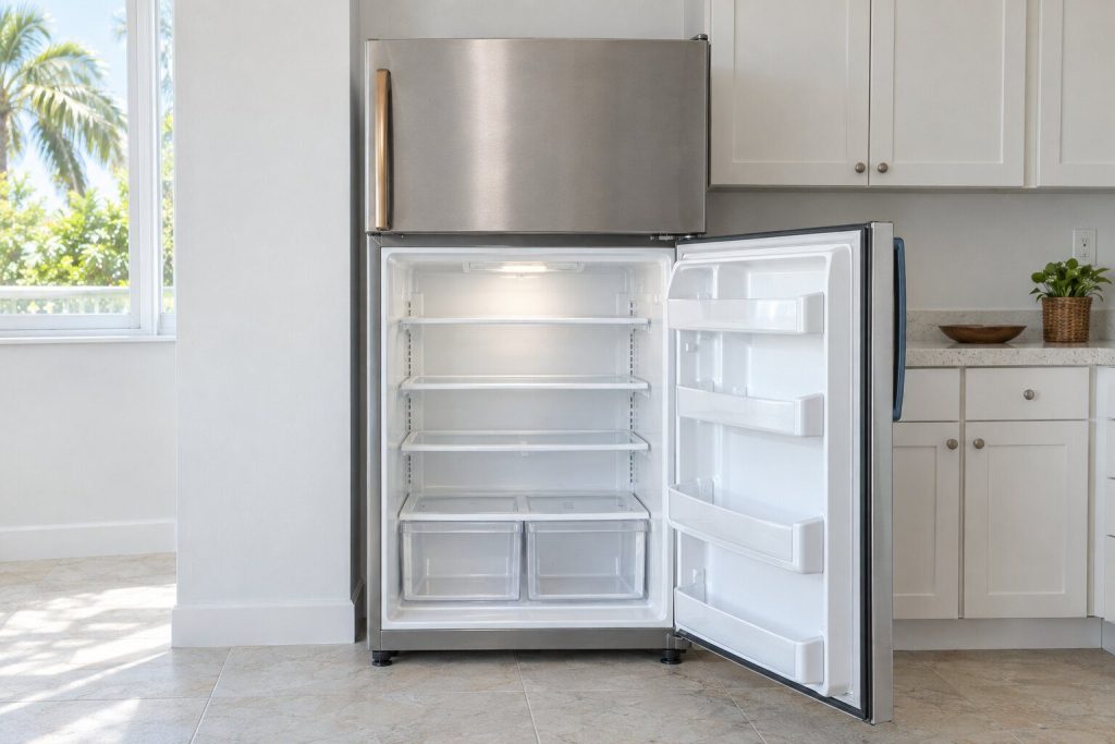 In stainless, the lower fresh-food door open onto lit white plastic shelves, in a light rental kitchen with a pale laminate counter.