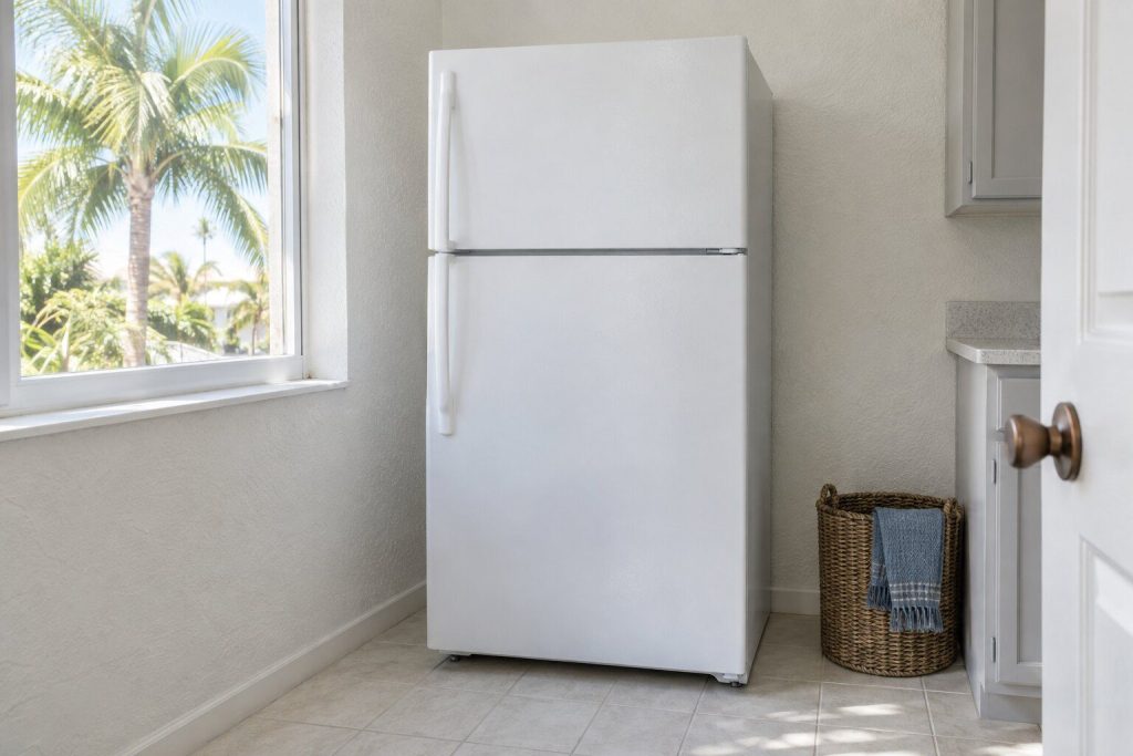 In white, standing alone against a pale stucco wall in a bright utility room with a tiled floor and a window onto palms.
