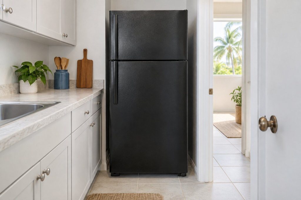 In black, doors closed, wedged into a narrow galley kitchen between a light counter run and a doorway.