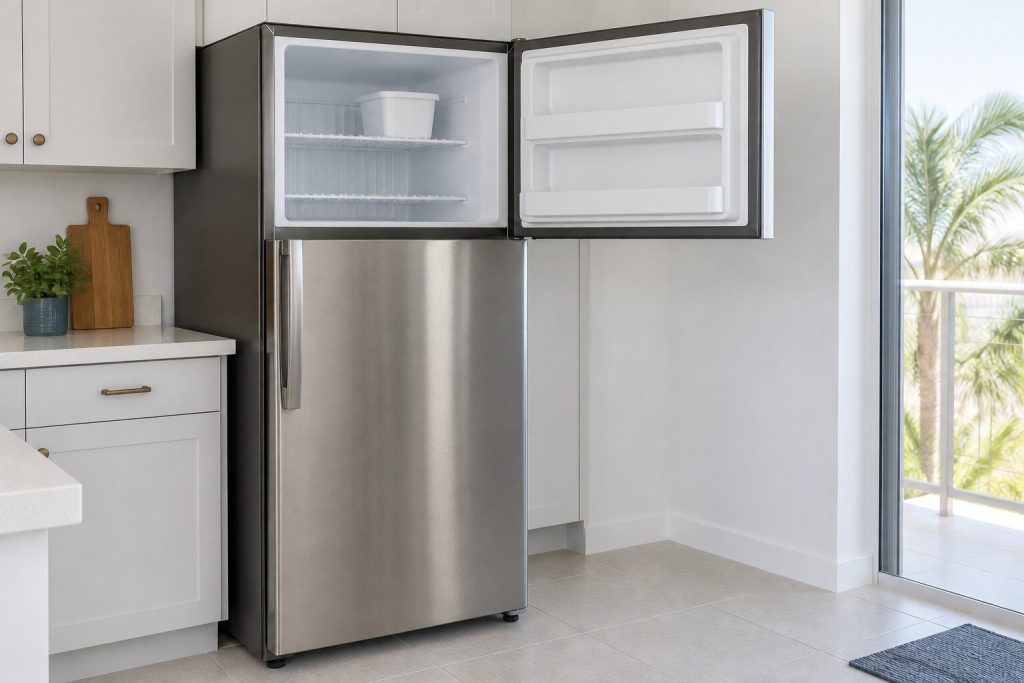 In stainless, the upper freezer door open showing wire shelves and an ice bin, in a bright kitchen with white cabinets behind.
