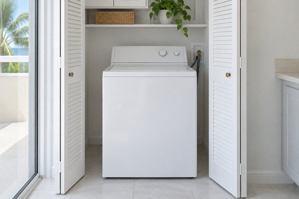 A white top-load washing machine standing alone in a bright laundry closet with its lid closed and a plain dial console, louvred doors folded back.