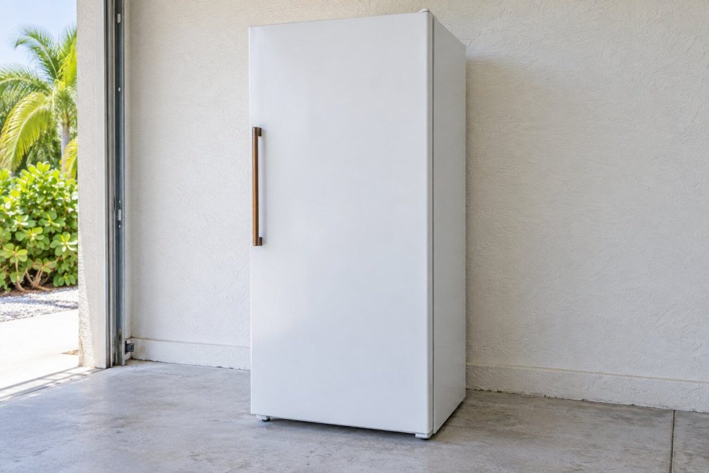 A white single-door upright freezer with its door closed, standing against a pale stucco garage wall in hard daylight.