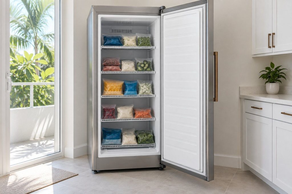 A stainless upright freezer with its door open showing five white wire shelves of frozen packets, in a bright utility room.