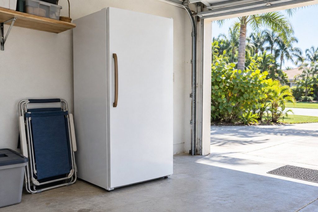 A white upright freezer standing beside a folded beach chair in a bright garage, roller door open onto a driveway and palms.