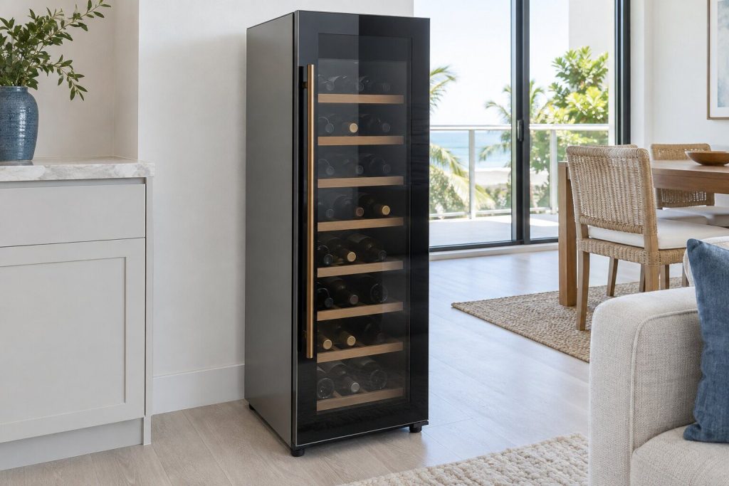 A slim freestanding wine cabinet with a smoked glass door and wooden shelf runners holding bottles lying flat, in a bright light-walled room.