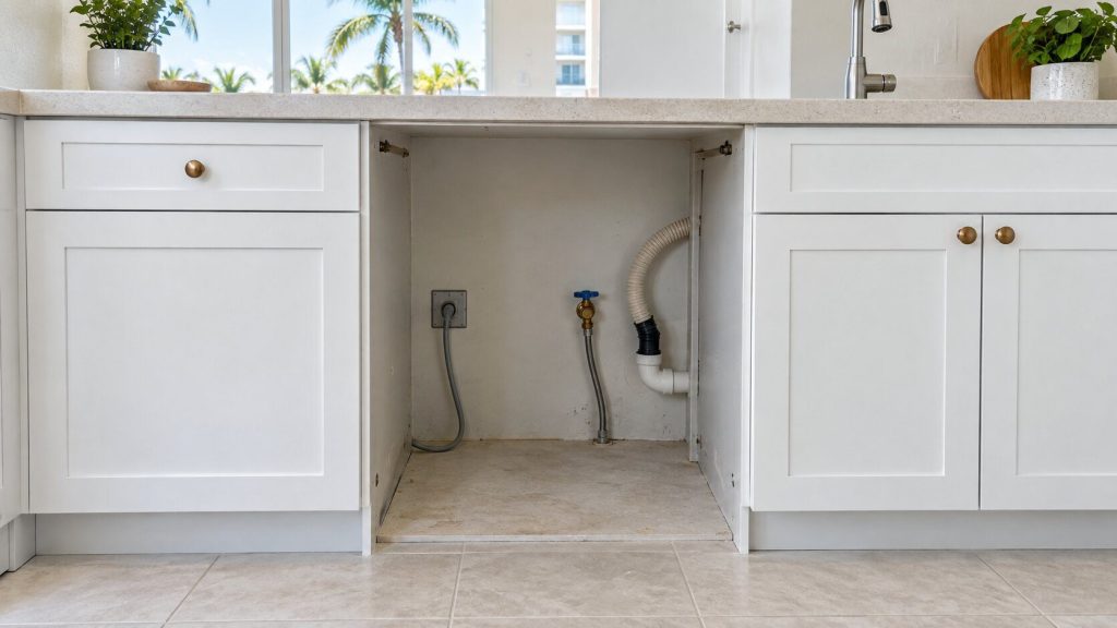 A run of white builder cabinets in a bright kitchen with an empty dishwasher-sized gap and the connections visible in it.