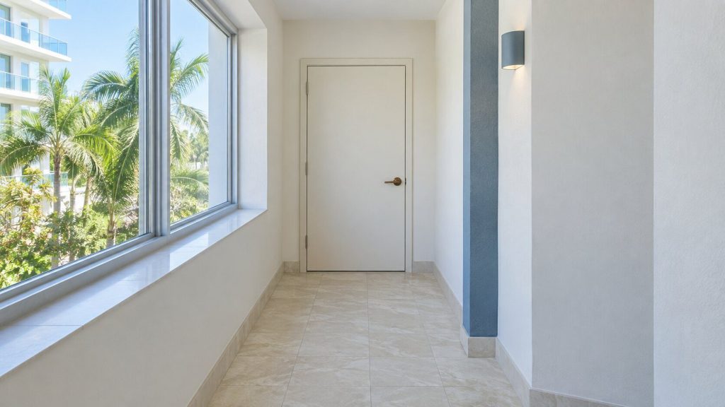 A bright interior corridor of a South Florida condominium with pale walls and a plain unit door at the end, daylight from a window.