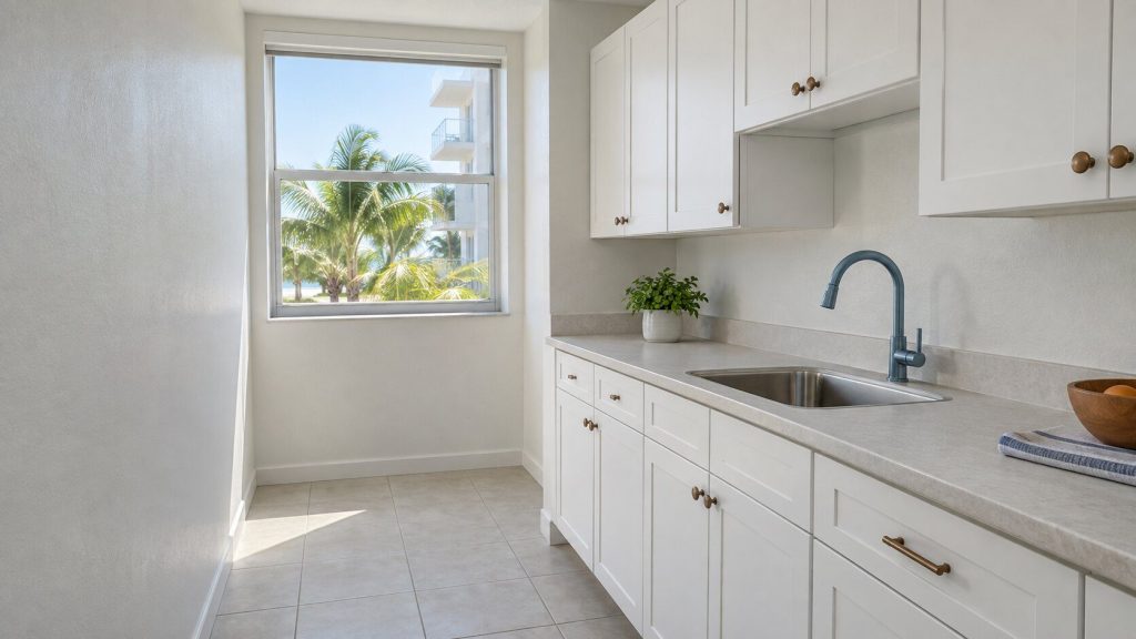 A narrow galley kitchen in a condominium with white cabinets down one side, a light laminate counter and a window at the far end full of bright sky.