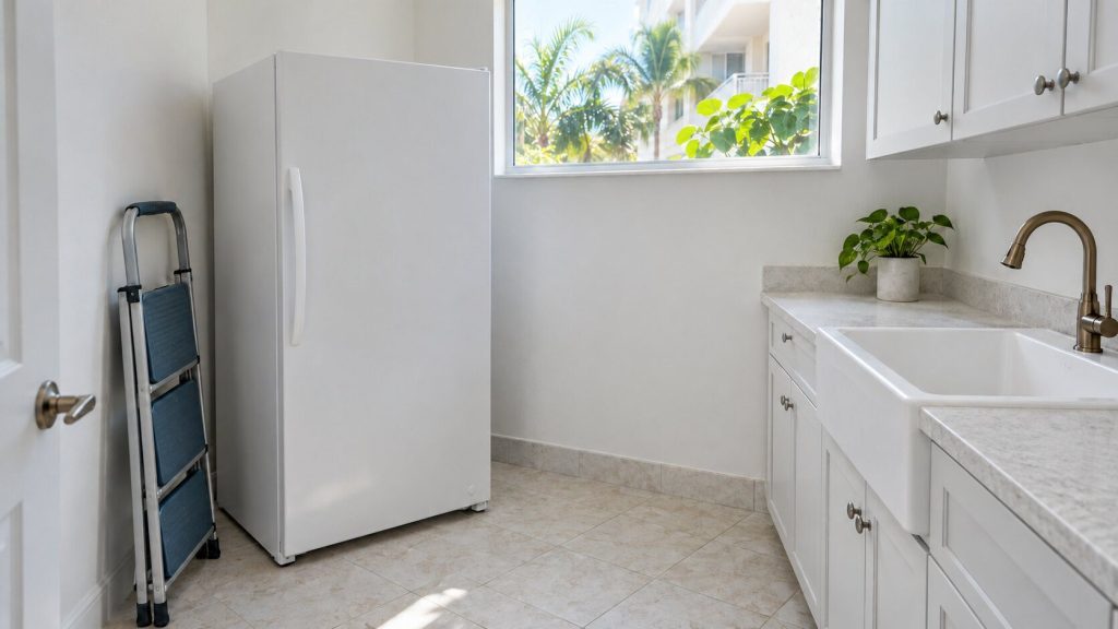 A small bright utility room with a laundry sink, a white upright freezer and a folded step ladder, pale tile floor and a high window.