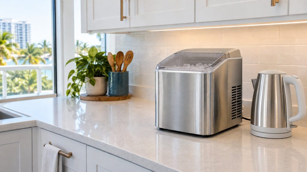 A stretch of pale quartz counter in a bright kitchen with a stainless countertop ice machine and a kettle on it, white cabinets above.