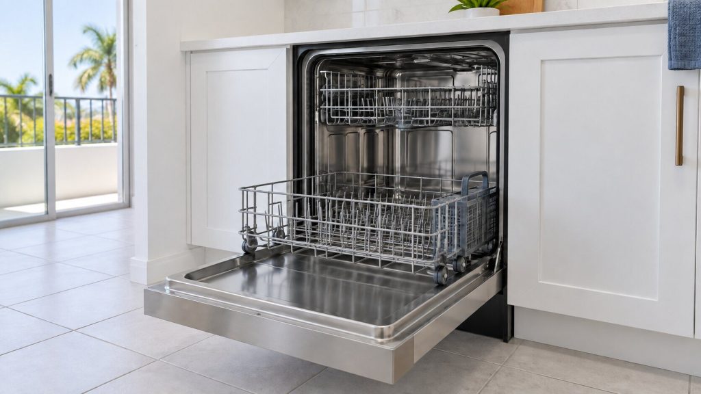 A stainless dishwasher door dropped open in a bright white kitchen with the lower rack half out and empty, pale tile floor.