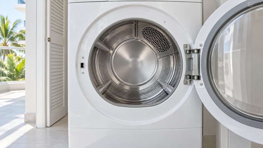 The empty stainless drum of a vented dryer seen through its open door in a bright laundry closet, nothing inside.
