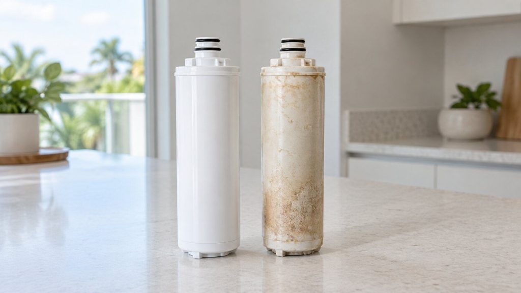 Two cylindrical refrigerator water filter cartridges standing on a pale counter, one new and one stained, bright daylight, no labels.